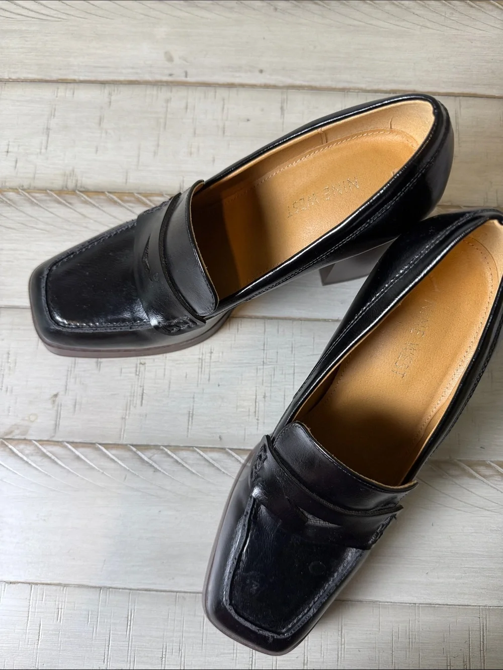 Nine West Chunky Black Square Toe Loafer Style Platform Shoes Size 8.5